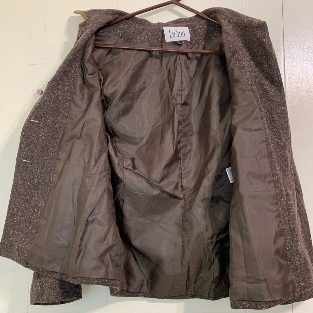 Le Suit Formal Classic Brown Wool Tweed Button Closure Blazer Suit Size 10.